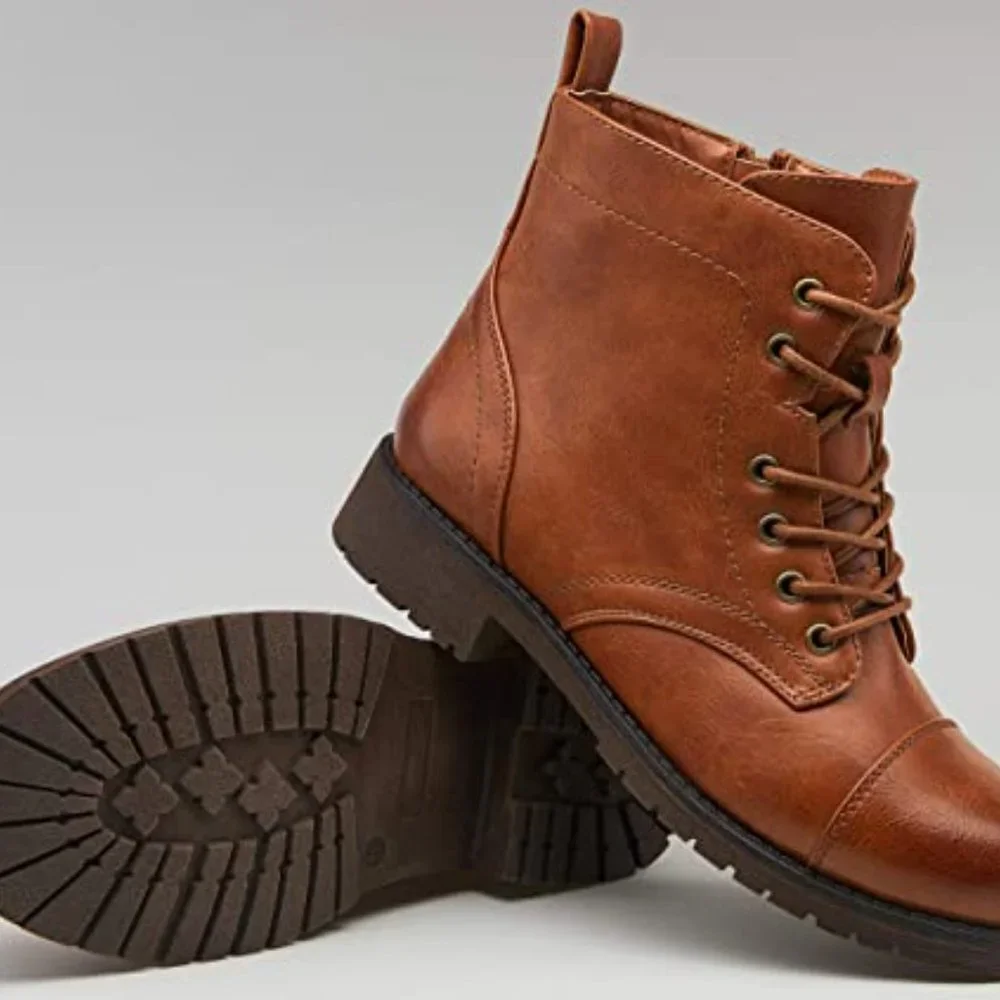 Women's Ankle Boots Fashion Booties Low Heel Lace up Ankle Boots, Brown_4